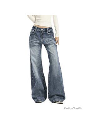 Women's Low Rise Wide Leg Flare Jeans Vintage 90s Bell Bottom Denim